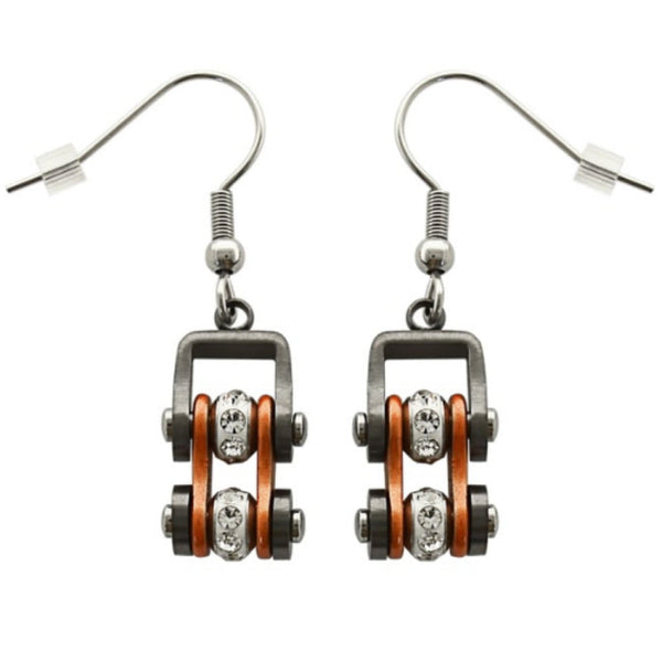 Sk2022E Gunmetal/Beryllium Orange Silver Crystal Centers Bike Chain Earrings Stainless Steel