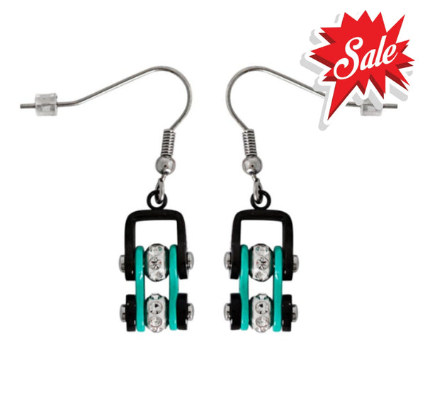 Sk2023E Mini Size Earrings Two Tone Black Aquamarine With White Crystal Centers Stainless Steel