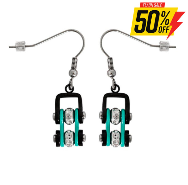 Sk2023E Mini Size Earrings Two Tone Black Aquamarine With White Crystal Centers Stainless Steel