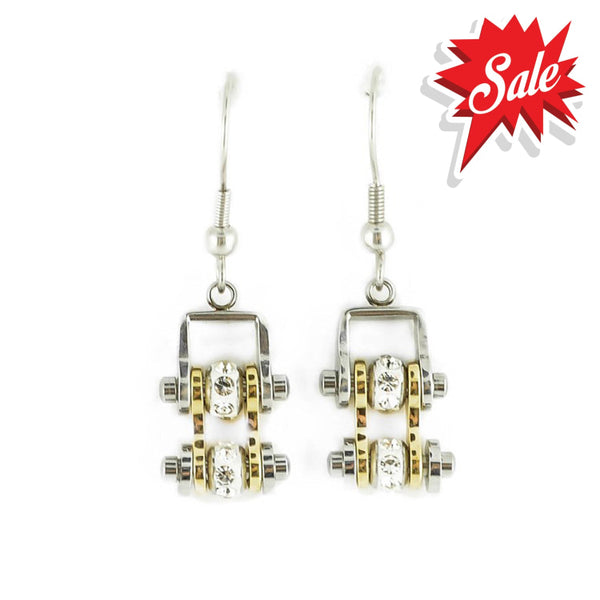 Sk2096E Mini Two Tone Silver Gold With Crystal Centers Bike Chain Earrings Stainless Steel