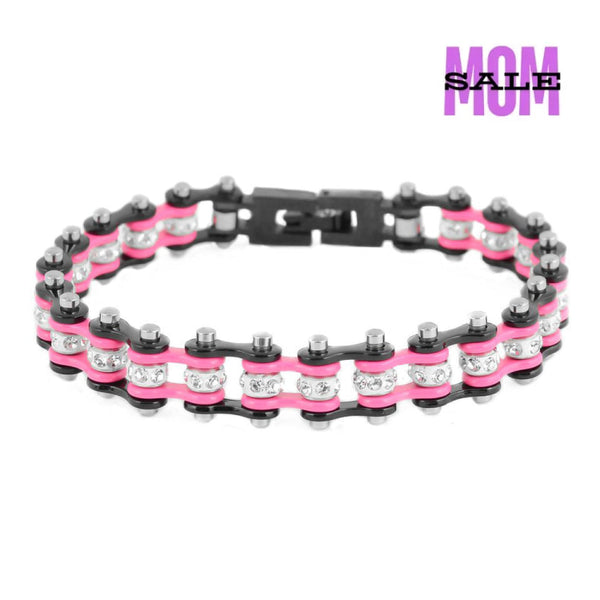 Sk2097 3/8’ Wide Mini Size Two Tone Black Pink With White Crystal Centers Stainless Steel