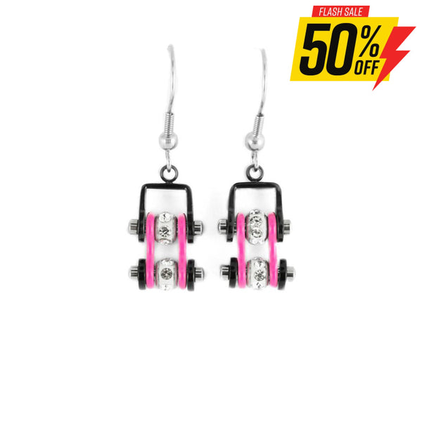 Sk2097E Mini Two Tone Black Pink With Crystal Centers Bike Chain Earrings Stainless Steel