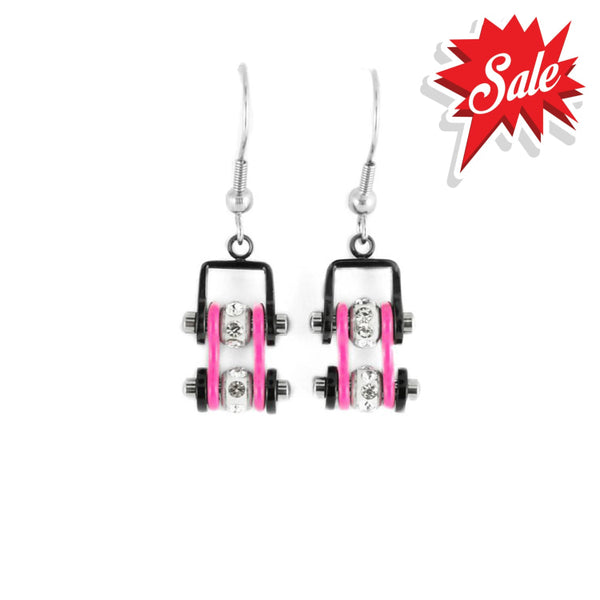 Sk2097E Mini Two Tone Black Pink With Crystal Centers Bike Chain Earrings Stainless Steel