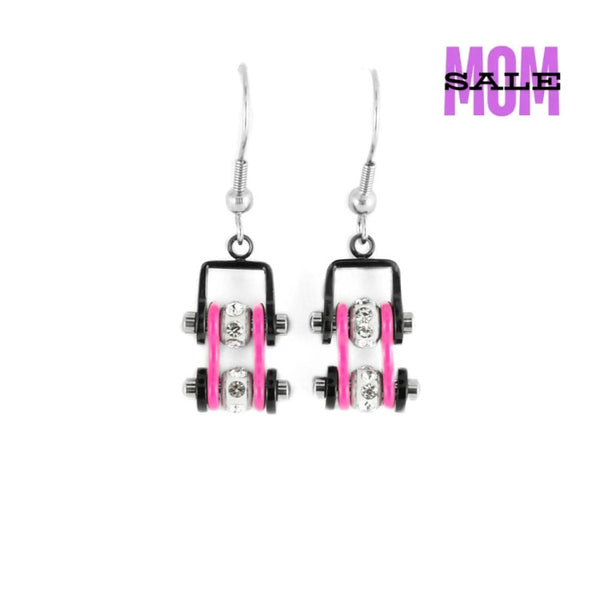 Sk2097E Mini Two Tone Black Pink With Crystal Centers Bike Chain Earrings Stainless Steel