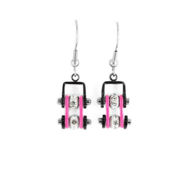 Sk2097E Mini Two Tone Black Pink With Crystal Centers Bike Chain Earrings Stainless Steel