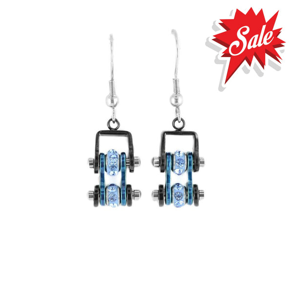 Sk2202E Mini Two Tone Black Blue With Crystal Centers Bike Chain Earrings Stainless Steel