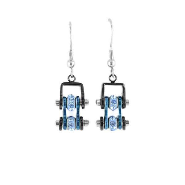 Sk2202E Mini Two Tone Black Blue With Crystal Centers Bike Chain Earrings Stainless Steel