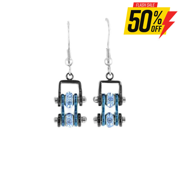 Sk2202E Mini Two Tone Black Blue With Crystal Centers Bike Chain Earrings Stainless Steel