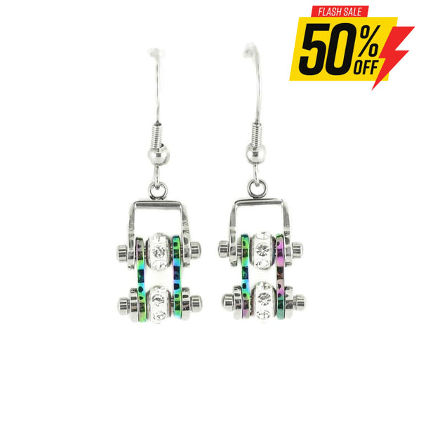 Sk2207E Mini Two Tone Silver Rainbow With Crystal Centers Bike Chain Earrings Stainless Steel