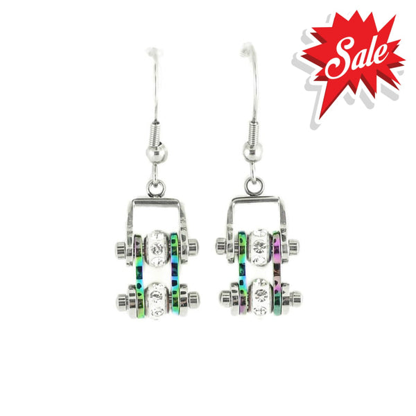 Sk2207E Mini Two Tone Silver Rainbow With Crystal Centers Bike Chain Earrings Stainless Steel