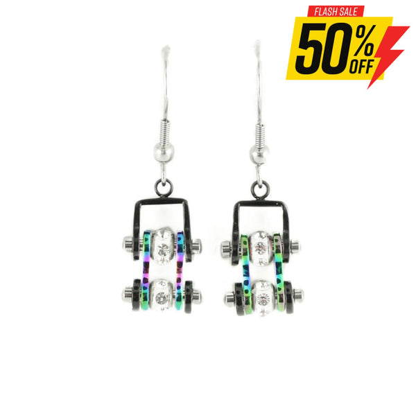 Sk2208E Mini Two Tone Black Rainbow With Crystal Centers Bike Chain Earrings Stainless Steel