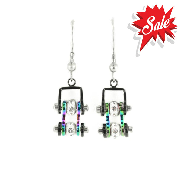 Sk2208E Mini Two Tone Black Rainbow With Crystal Centers Bike Chain Earrings Stainless Steel