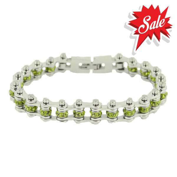 Sk2215 August 3/8’’ Wide Peridot Color Crystal Centers Bike Chain Bracelet Ladies Bracelets