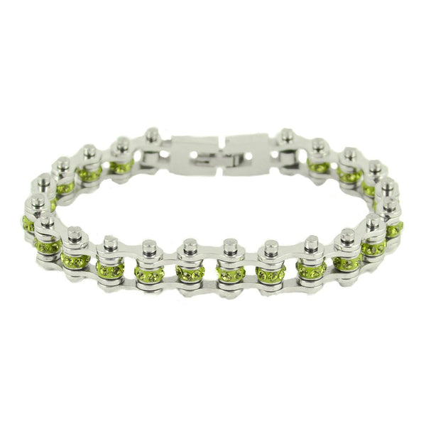 Sk2215 August 3/8’’ Wide Peridot Color Crystal Centers Bike Chain Bracelet Ladies Bracelets