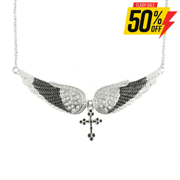 Sk2242 Black Painted Winged Necklace With Cross White Imitation Crystals Necklaces