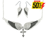 Sk2242B Combo Set Black Painted Winged Leverback Earring + Cross Necklace White Imitation Crystals