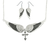 Sk2242B Combo Set Black Painted Winged Leverback Earring + Cross Necklace White Imitation Crystals