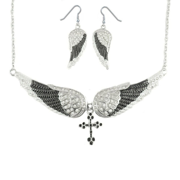 Sk2242B Combo Set Black Painted Winged Leverback Earring + Cross Necklace White Imitation Crystals