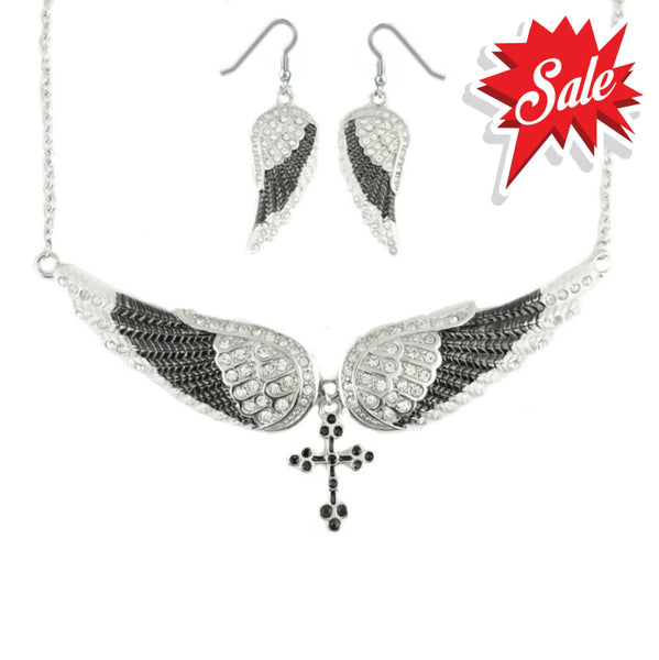 Sk2242B Combo Set Black Painted Winged Leverback Earring + Cross Necklace White Imitation Crystals