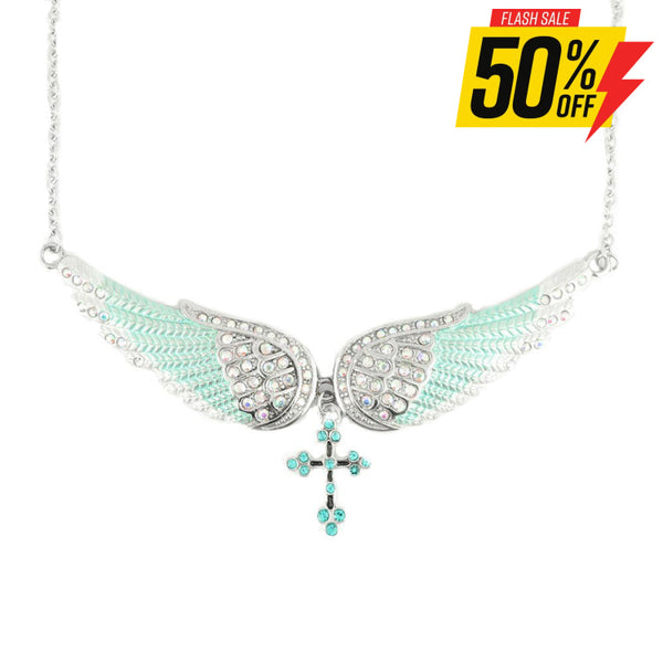 Sk2244 Seafoam Green Painted Winged Necklace With Cross White Imitation Crystals Necklaces