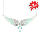 Sk2244 Seafoam Green Painted Winged Necklace With Cross White Imitation Crystals Necklaces