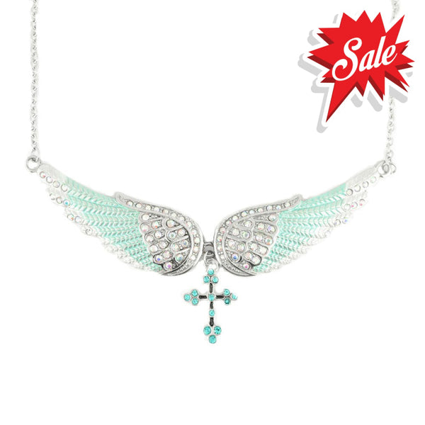 Sk2244 Seafoam Green Painted Winged Necklace With Cross White Imitation Crystals Necklaces