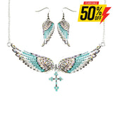 Sk2244B Combo Set Seafoam Painted Winged Earring + Cross Necklace White Imitation Iridescence