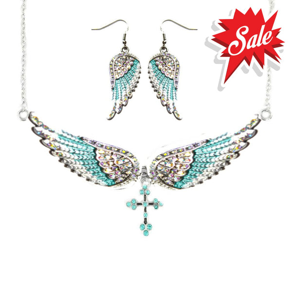 Sk2244B Combo Set Seafoam Painted Winged Earring + Cross Necklace White Imitation Iridescence