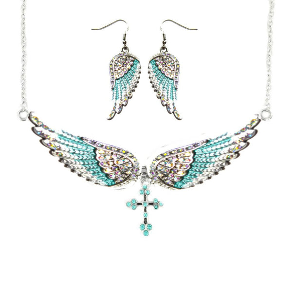 Sk2244B Combo Set Seafoam Painted Winged Earring + Cross Necklace White Imitation Iridescence