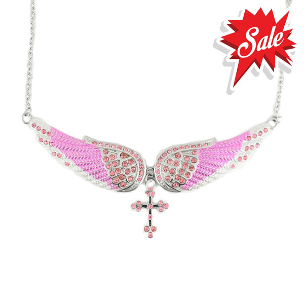 Sk2245 Large Pink Painted Winged Necklace With Cross Imitation Crystals Necklaces