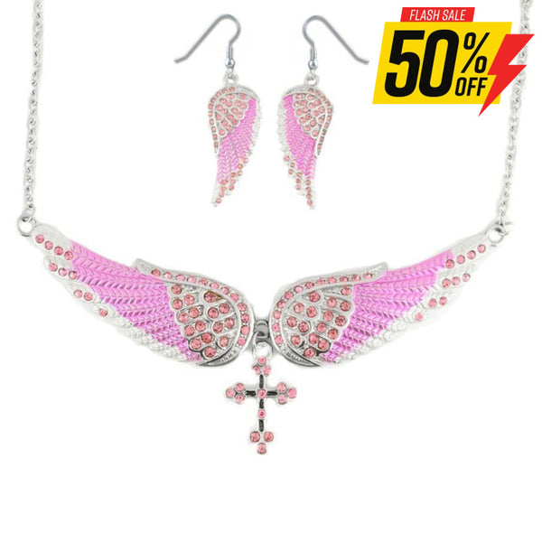 Sk2245B Combo Set Pink Painted Winged Leverback Earring + Cross Necklace Imitation Crystal &