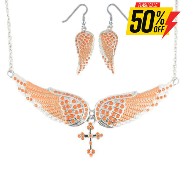 Sk2246B Combo Set Orange Painted Winged Leverback Earring + Necklace Imitation Crystal & Earrings