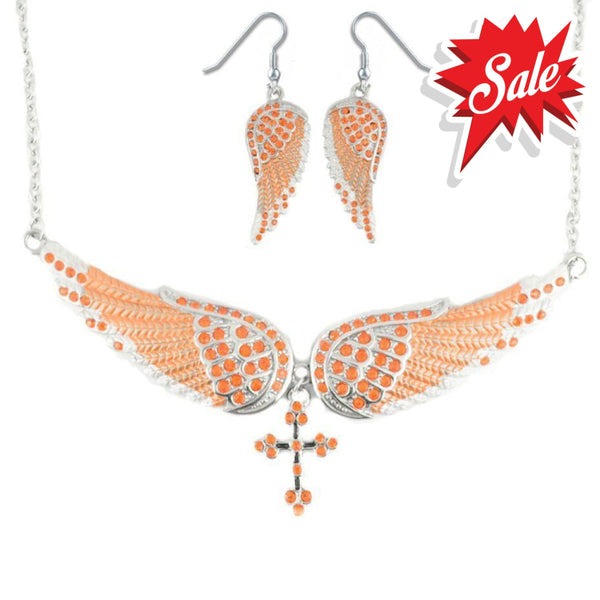 Sk2246B Combo Set Orange Painted Winged Leverback Earring + Necklace Imitation Crystal & Earrings