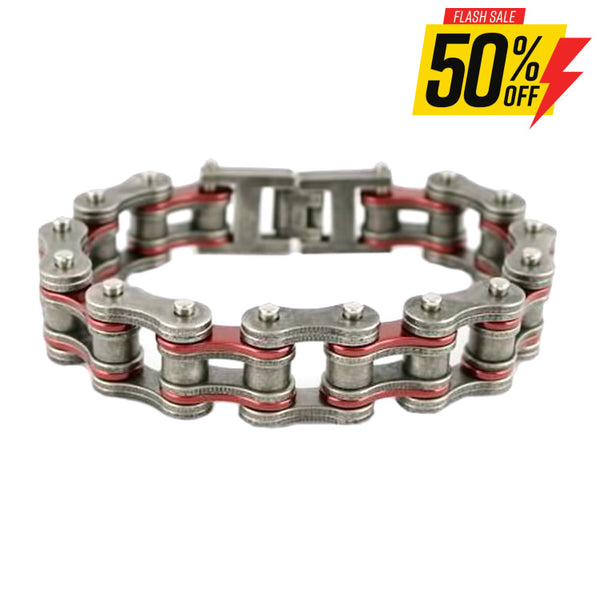 Sk2257 Stainless Steel 3/4’’ Wide Two Tone Distressed/Candy Red Motorcycle Chain Bracelet