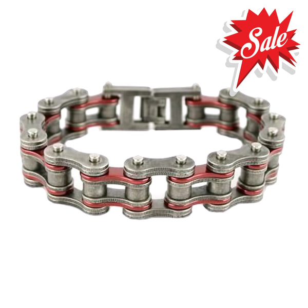 Sk2257 Stainless Steel 3/4’’ Wide Two Tone Distressed/Candy Red Motorcycle Chain Bracelet