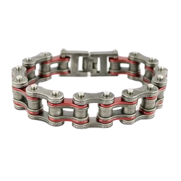 Sk2257 Stainless Steel 3/4’’ Wide Two Tone Distressed/Candy Red Motorcycle Chain Bracelet