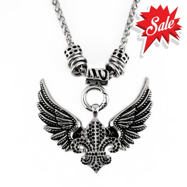 Sk2260Blk Black Ladies Angel Open Wing & Cross Black Bling Pendant With 4Mm Foxtail Necklace