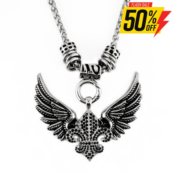 Sk2260Blk Black Ladies Angel Open Wing & Cross Black Bling Pendant With 4Mm Foxtail Necklace