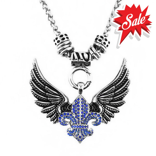 Sk2260Blu Ladies Angel Open Wing & Cross Blue Bling Pendant With 4Mm Foxtail Necklace 19’’