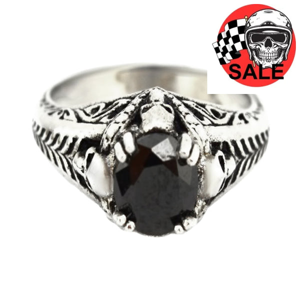 Sk2264 Ladies Solitaire Skull Ring Imitation Black Stone Stainless Steel Motorcycle Biker Jewelry