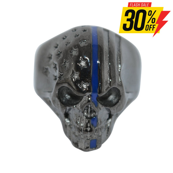 Sk2305 Black Skull Ring Police Special Thin Blue Line Stainless Steel American Flag Patriot Rings