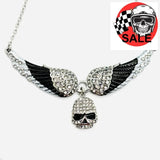 SK2306 Small Black Painted Winged Necklace With Skull White Imitation Crystals Necklaces