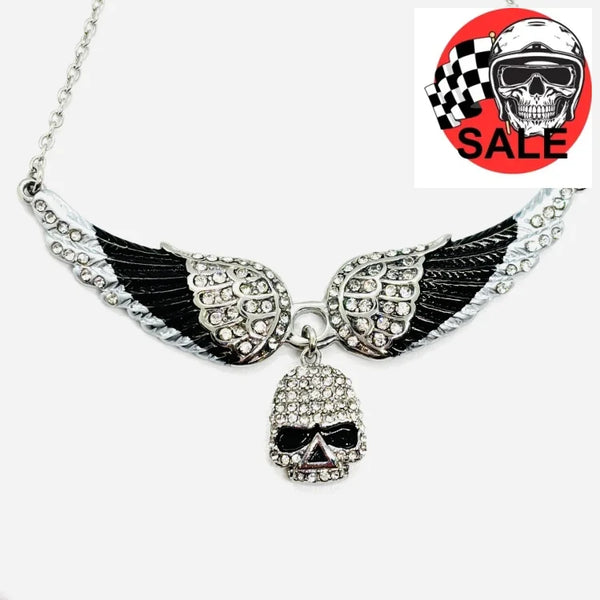 SK2306 Small Black Painted Winged Necklace With Skull White Imitation Crystals Necklaces