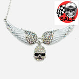 SK2307 Small White Painted Winged Necklace With Skull Iridescent Imitation Crystals Necklaces