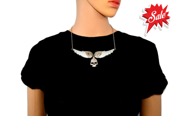 Sk2311 Large White Painted Winged Necklace With Skull Iridescent Imitation Crystals Necklaces