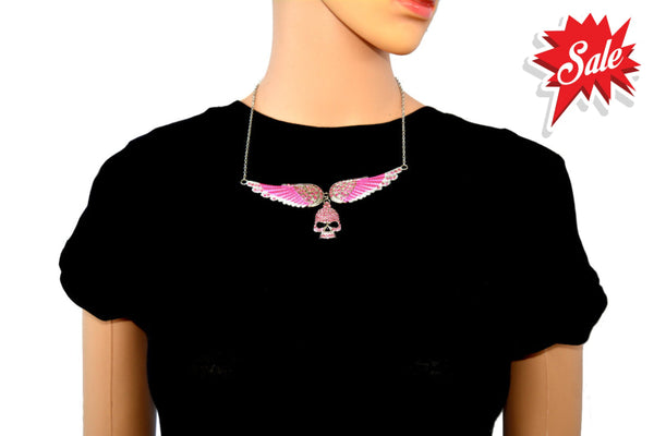 Sk2312 Large Pink Painted Winged Necklace With Skull Imitation Crystals Necklaces