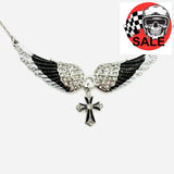 SK2323 Small Black Painted Winged Necklace With Cross White Imitation Crystals Necklaces