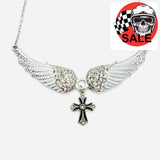 SK2324 Small White Painted Winged Necklace With Cross Pink Imitation Crystals Necklaces
