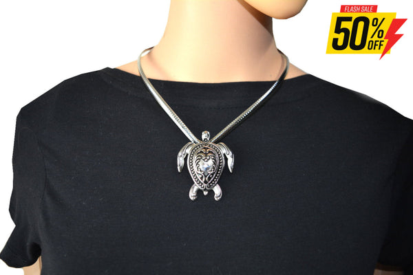 Sk2505 Turtle Pendant Cuff Necklace & Matching Earrings With Ribbed V-Necklace Stainless Steel