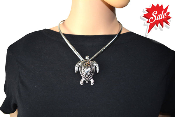 Sk2505 Turtle Pendant Cuff Necklace & Matching Earrings With Ribbed V-Necklace Stainless Steel